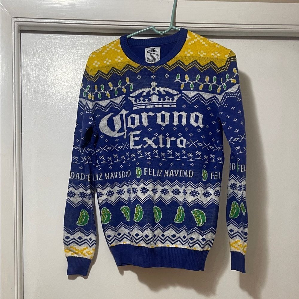 Corona Extra Festive Christmas Sweater in Blue and Yellow size medium